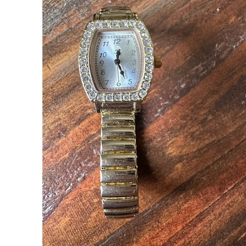 Analog Watch Rhinestone Bezel Quartz Gold Stainless‎ Steel Flex Band WORKING